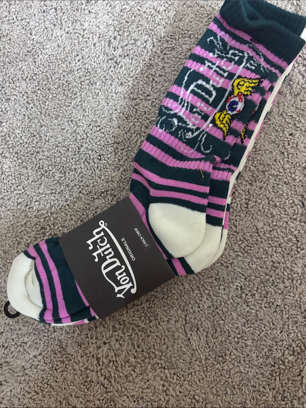 Von Dutch Black & Pink Striped Crew Socks with Logo